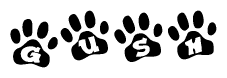 The image shows a series of animal paw prints arranged horizontally. Within each paw print, there's a letter; together they spell Gush