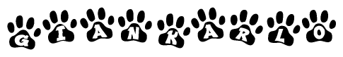 The image shows a series of animal paw prints arranged in a horizontal line. Each paw print contains a letter, and together they spell out the word Giankarlo.