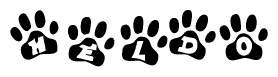 The image shows a series of animal paw prints arranged in a horizontal line. Each paw print contains a letter, and together they spell out the word Heldo.