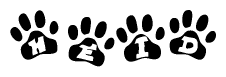 The image shows a row of animal paw prints, each containing a letter. The letters spell out the word Heid within the paw prints.