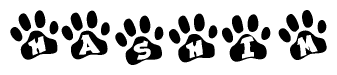 The image shows a row of animal paw prints, each containing a letter. The letters spell out the word Hashim within the paw prints.