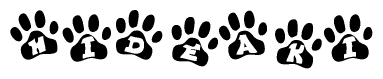 The image shows a series of animal paw prints arranged horizontally. Within each paw print, there's a letter; together they spell Hideaki