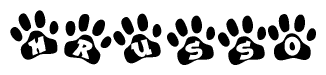 The image shows a series of animal paw prints arranged in a horizontal line. Each paw print contains a letter, and together they spell out the word Hrusso.