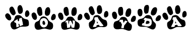The image shows a row of animal paw prints, each containing a letter. The letters spell out the word Howayda within the paw prints.