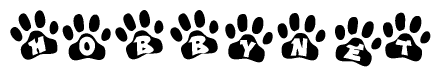 The image shows a series of animal paw prints arranged horizontally. Within each paw print, there's a letter; together they spell Hobbynet