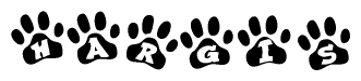 The image shows a series of animal paw prints arranged horizontally. Within each paw print, there's a letter; together they spell Hargis