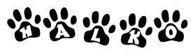 The image shows a series of animal paw prints arranged in a horizontal line. Each paw print contains a letter, and together they spell out the word Halko.