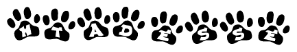 The image shows a series of animal paw prints arranged horizontally. Within each paw print, there's a letter; together they spell Htadesse