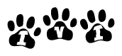 The image shows a row of animal paw prints, each containing a letter. The letters spell out the word Ivi within the paw prints.