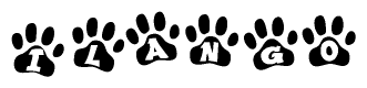 The image shows a series of animal paw prints arranged horizontally. Within each paw print, there's a letter; together they spell Ilango