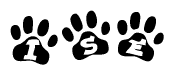 The image shows a series of animal paw prints arranged in a horizontal line. Each paw print contains a letter, and together they spell out the word Ise.