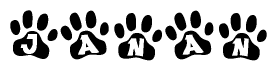 The image shows a series of animal paw prints arranged horizontally. Within each paw print, there's a letter; together they spell Janan