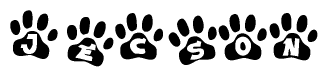The image shows a row of animal paw prints, each containing a letter. The letters spell out the word Jecson within the paw prints.