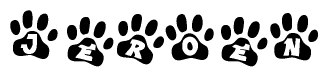 The image shows a row of animal paw prints, each containing a letter. The letters spell out the word Jeroen within the paw prints.