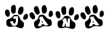 The image shows a series of animal paw prints arranged in a horizontal line. Each paw print contains a letter, and together they spell out the word Jana.