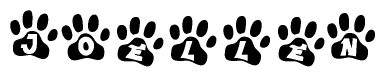 The image shows a series of animal paw prints arranged in a horizontal line. Each paw print contains a letter, and together they spell out the word Joellen.