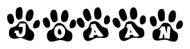 The image shows a series of animal paw prints arranged in a horizontal line. Each paw print contains a letter, and together they spell out the word Joaan.
