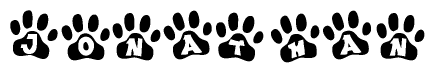 The image shows a series of animal paw prints arranged horizontally. Within each paw print, there's a letter; together they spell Jonathan