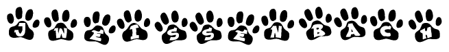 The image shows a row of animal paw prints, each containing a letter. The letters spell out the word Jweissenbach within the paw prints.