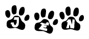 The image shows a series of animal paw prints arranged horizontally. Within each paw print, there's a letter; together they spell Jen