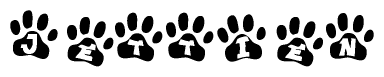 The image shows a series of animal paw prints arranged horizontally. Within each paw print, there's a letter; together they spell Jettien