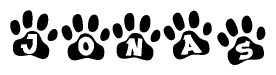 The image shows a row of animal paw prints, each containing a letter. The letters spell out the word Jonas within the paw prints.