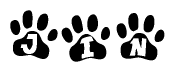 The image shows a series of animal paw prints arranged horizontally. Within each paw print, there's a letter; together they spell Jin