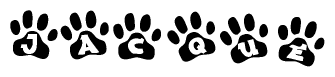 The image shows a series of animal paw prints arranged in a horizontal line. Each paw print contains a letter, and together they spell out the word Jacque.