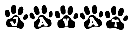 The image shows a row of animal paw prints, each containing a letter. The letters spell out the word Javat within the paw prints.