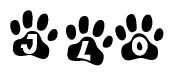 The image shows a row of animal paw prints, each containing a letter. The letters spell out the word Jlo within the paw prints.