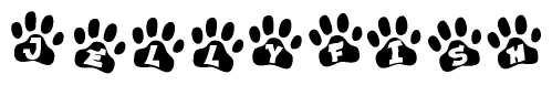 The image shows a series of animal paw prints arranged in a horizontal line. Each paw print contains a letter, and together they spell out the word Jellyfish.