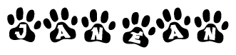 The image shows a row of animal paw prints, each containing a letter. The letters spell out the word Janean within the paw prints.