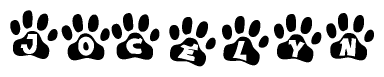 The image shows a series of animal paw prints arranged horizontally. Within each paw print, there's a letter; together they spell Jocelyn