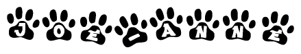 The image shows a row of animal paw prints, each containing a letter. The letters spell out the word Joe-anne within the paw prints.