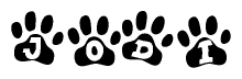 The image shows a series of animal paw prints arranged horizontally. Within each paw print, there's a letter; together they spell Jodi