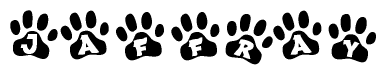 The image shows a series of animal paw prints arranged horizontally. Within each paw print, there's a letter; together they spell Jaffray