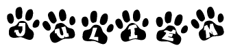 The image shows a series of animal paw prints arranged in a horizontal line. Each paw print contains a letter, and together they spell out the word Juliem.