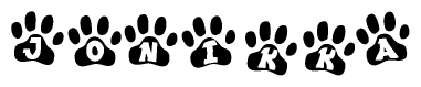 The image shows a series of animal paw prints arranged in a horizontal line. Each paw print contains a letter, and together they spell out the word Jonikka.