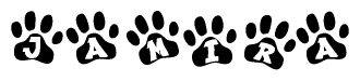 The image shows a row of animal paw prints, each containing a letter. The letters spell out the word Jamira within the paw prints.