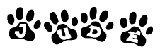 The image shows a series of animal paw prints arranged in a horizontal line. Each paw print contains a letter, and together they spell out the word Jude.