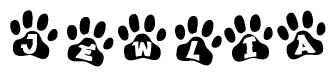 The image shows a series of animal paw prints arranged in a horizontal line. Each paw print contains a letter, and together they spell out the word Jewlia.