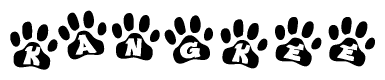 The image shows a row of animal paw prints, each containing a letter. The letters spell out the word Kangkee within the paw prints.