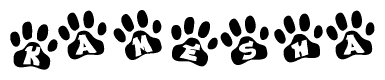 The image shows a series of animal paw prints arranged in a horizontal line. Each paw print contains a letter, and together they spell out the word Kamesha.