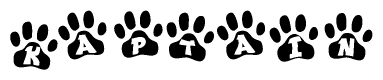 The image shows a series of animal paw prints arranged in a horizontal line. Each paw print contains a letter, and together they spell out the word Kaptain.