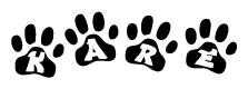 The image shows a row of animal paw prints, each containing a letter. The letters spell out the word Kare within the paw prints.