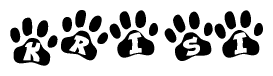 The image shows a series of animal paw prints arranged in a horizontal line. Each paw print contains a letter, and together they spell out the word Krisi.