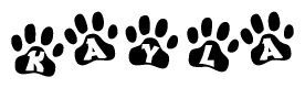 The image shows a row of animal paw prints, each containing a letter. The letters spell out the word Kayla within the paw prints.
