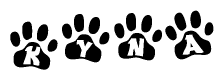 The image shows a series of animal paw prints arranged horizontally. Within each paw print, there's a letter; together they spell Kyna