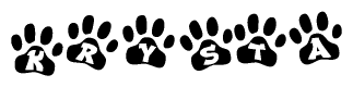The image shows a series of animal paw prints arranged in a horizontal line. Each paw print contains a letter, and together they spell out the word Krysta.