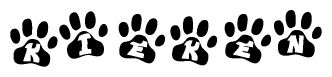The image shows a series of animal paw prints arranged in a horizontal line. Each paw print contains a letter, and together they spell out the word Kieken.